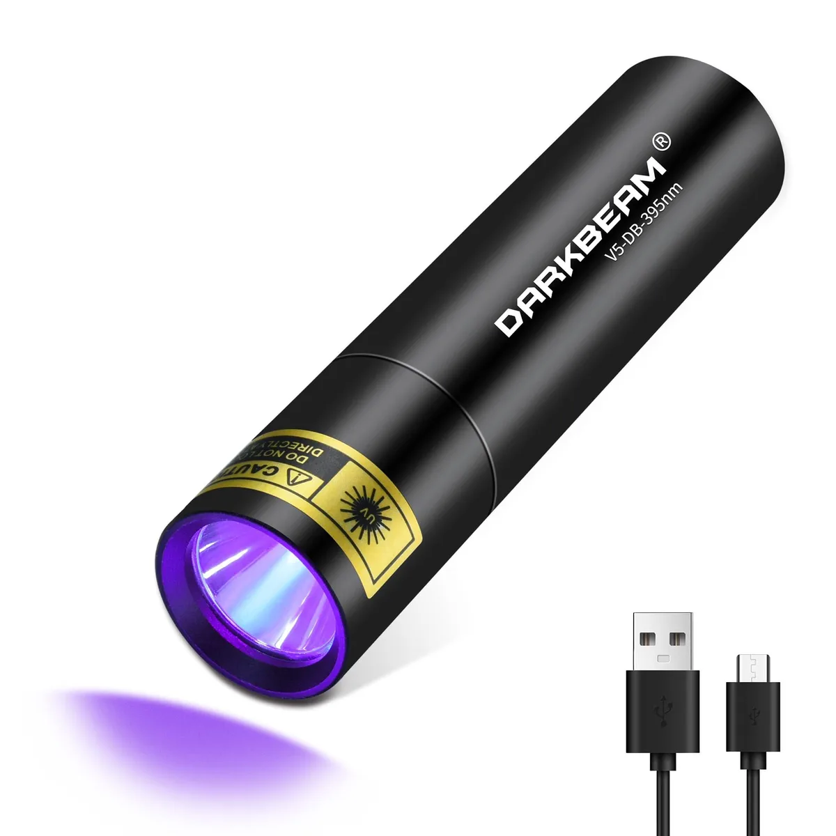 Compact black aluminium UV torch 3.5 inches long with USB-C port and lanyard