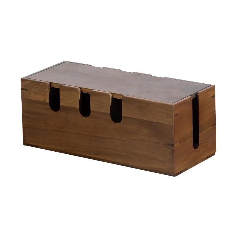 Wooden cable management box, brown finish, 31 by 12.5 by 12 centimetres