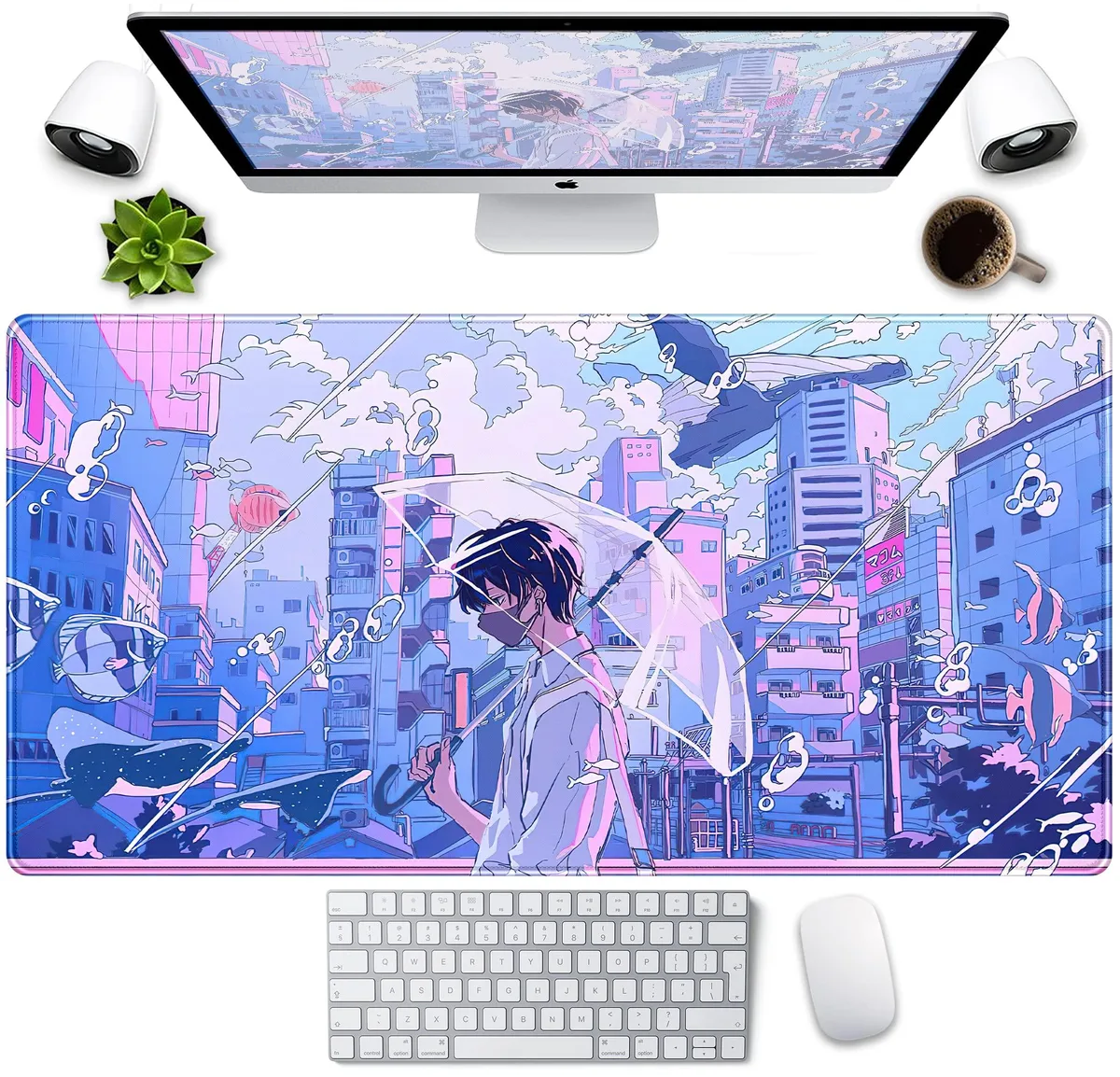 KEHIPI KEHIPI Anime Desk Mat Mousepad Blue Purple City Boy 31.5x15.75 in — product photo
