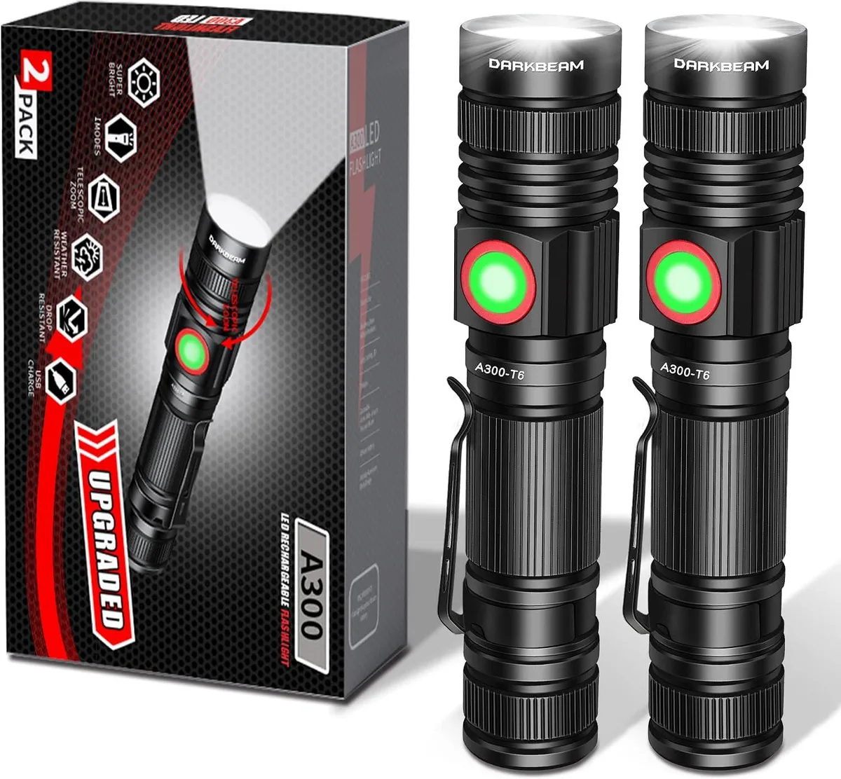 Two small black cylindrical flashlights with textured grips and wrist straps lying side by side