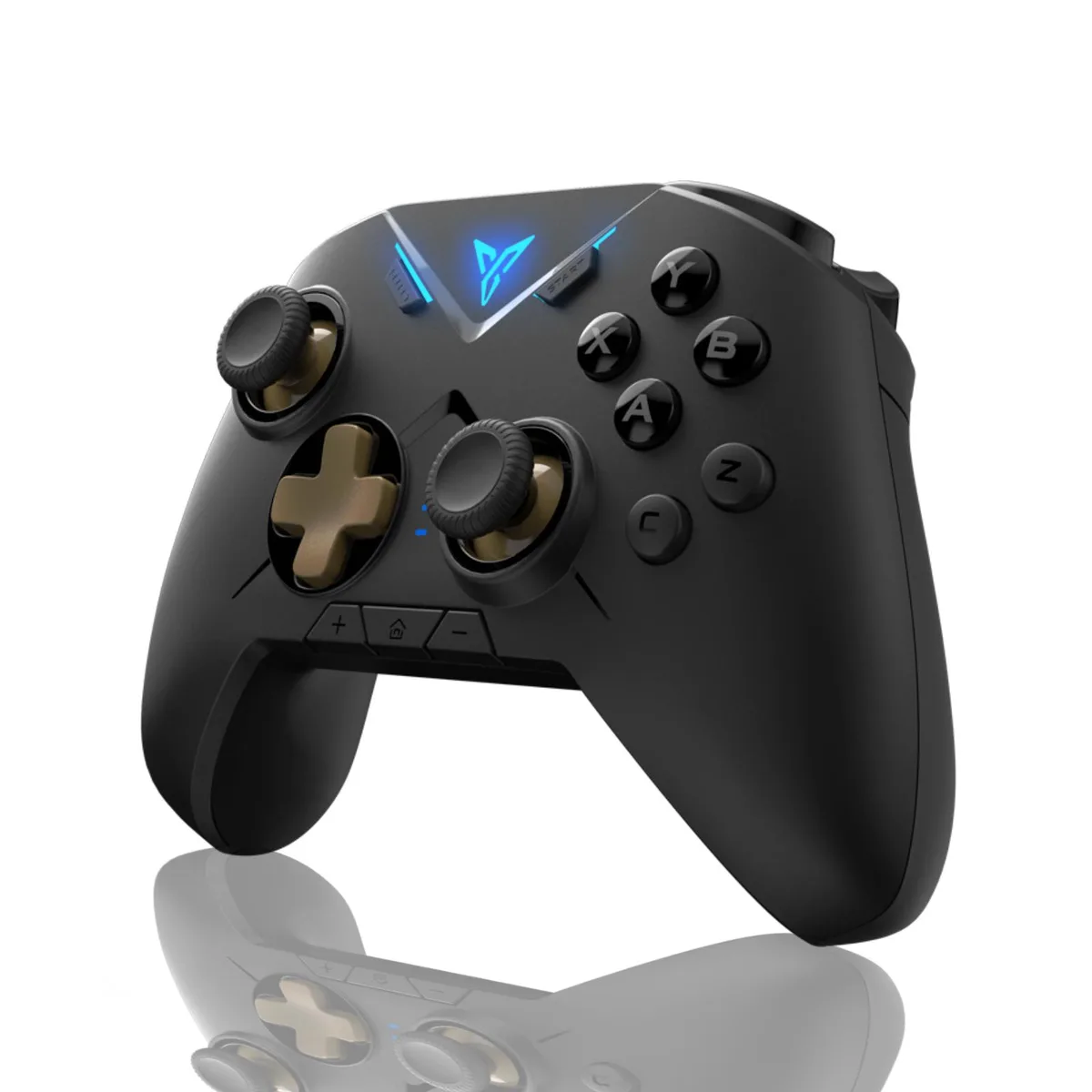 Black wireless gamepad with RGB lighting, ergonomic shape, detachable joysticks and linear triggers