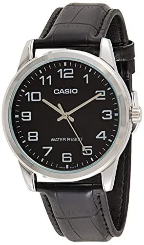 Black leather strap analog wristwatch with silver case and white dial