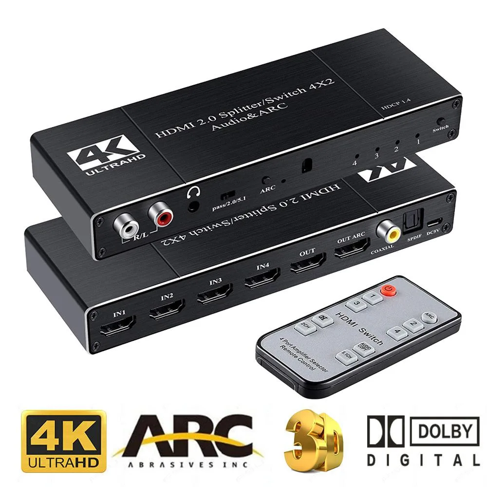 Black rectangular HDMI switch box with multiple ports on front and back, IR remote beside it
