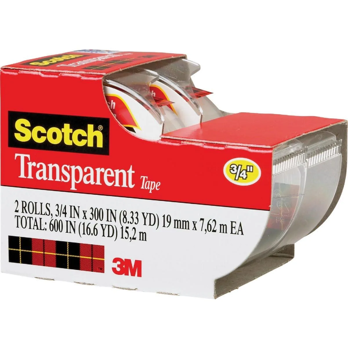 Two rolls of transparent tape in dispensers, 3/4 inch by 250 inches