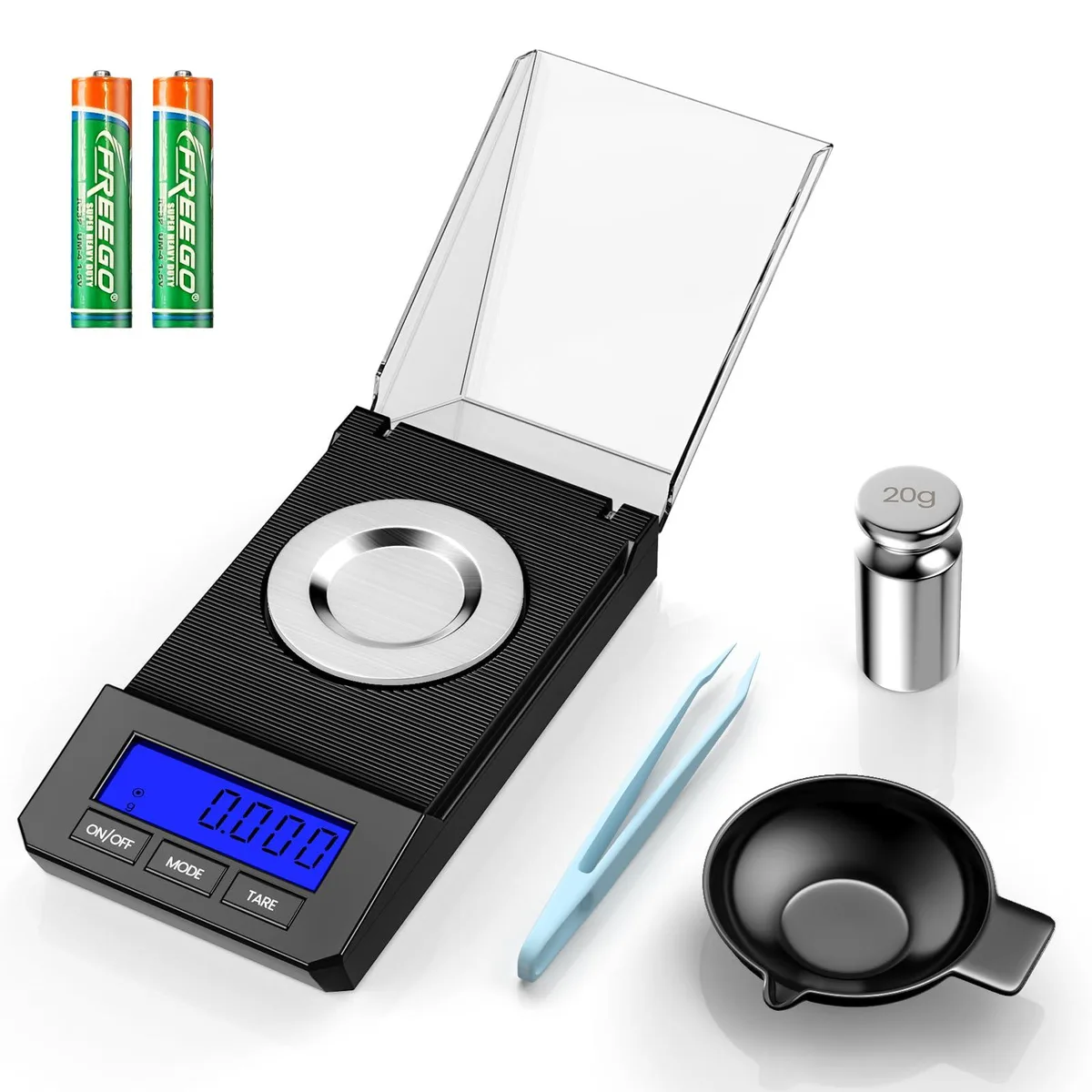 Twelve black pocket scales with flip covers and backlit displays