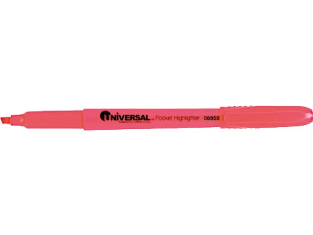 A dozen fluorescent pink chisel-tip highlighters with pocket clips
