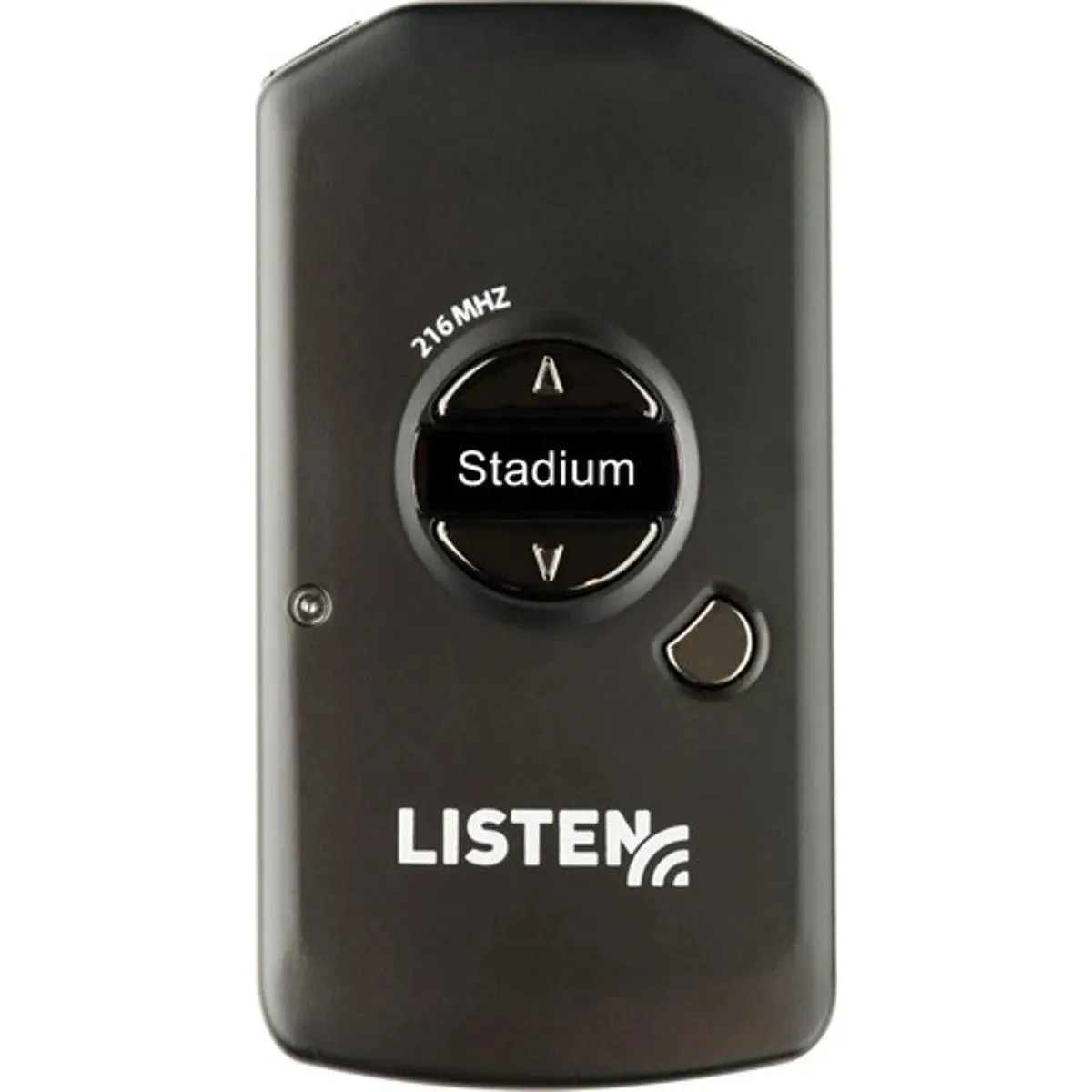 Compact white RF receiver with OLED display, integrated neck loop and lanyard