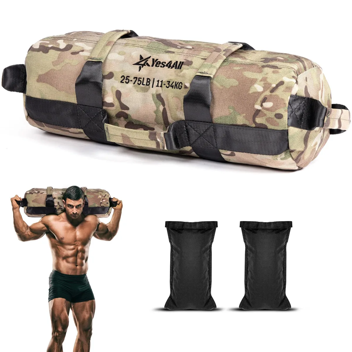 Black 1000D nylon adjustable sandbag with seven rubber handles