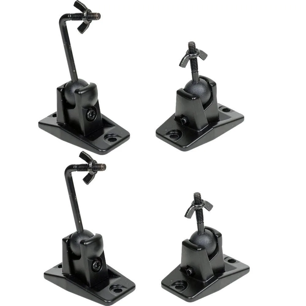 Four black steel speaker mounts with ball joints and mounting hardware