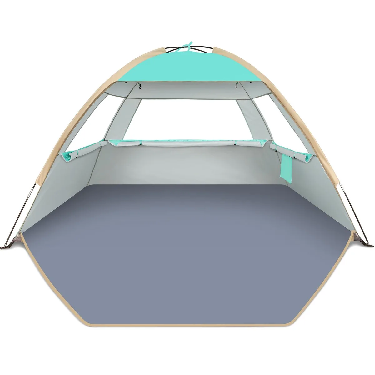 White pop-up beach shelter with silver coated fabric, fiberglass poles and mesh windows