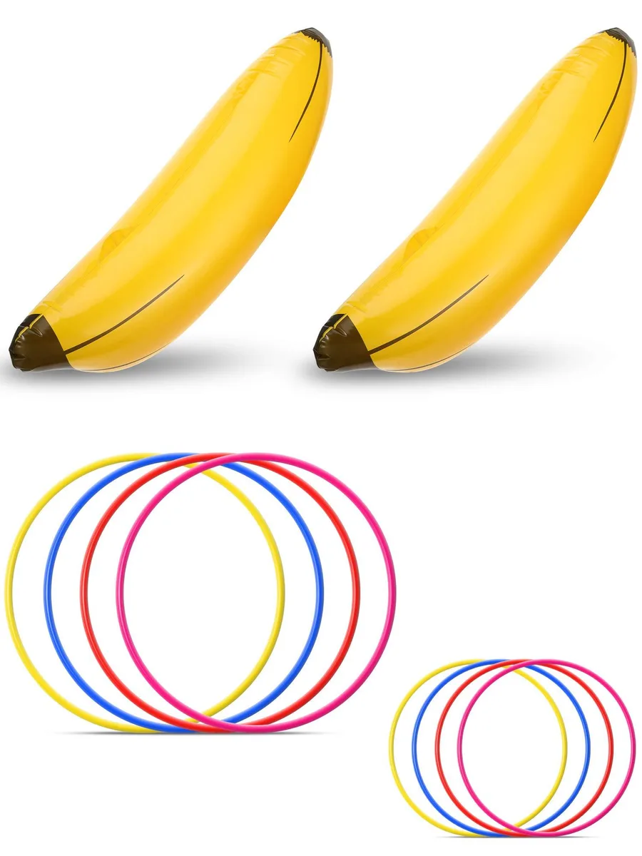 Two black inflatable bananas with eight plastic toss rings