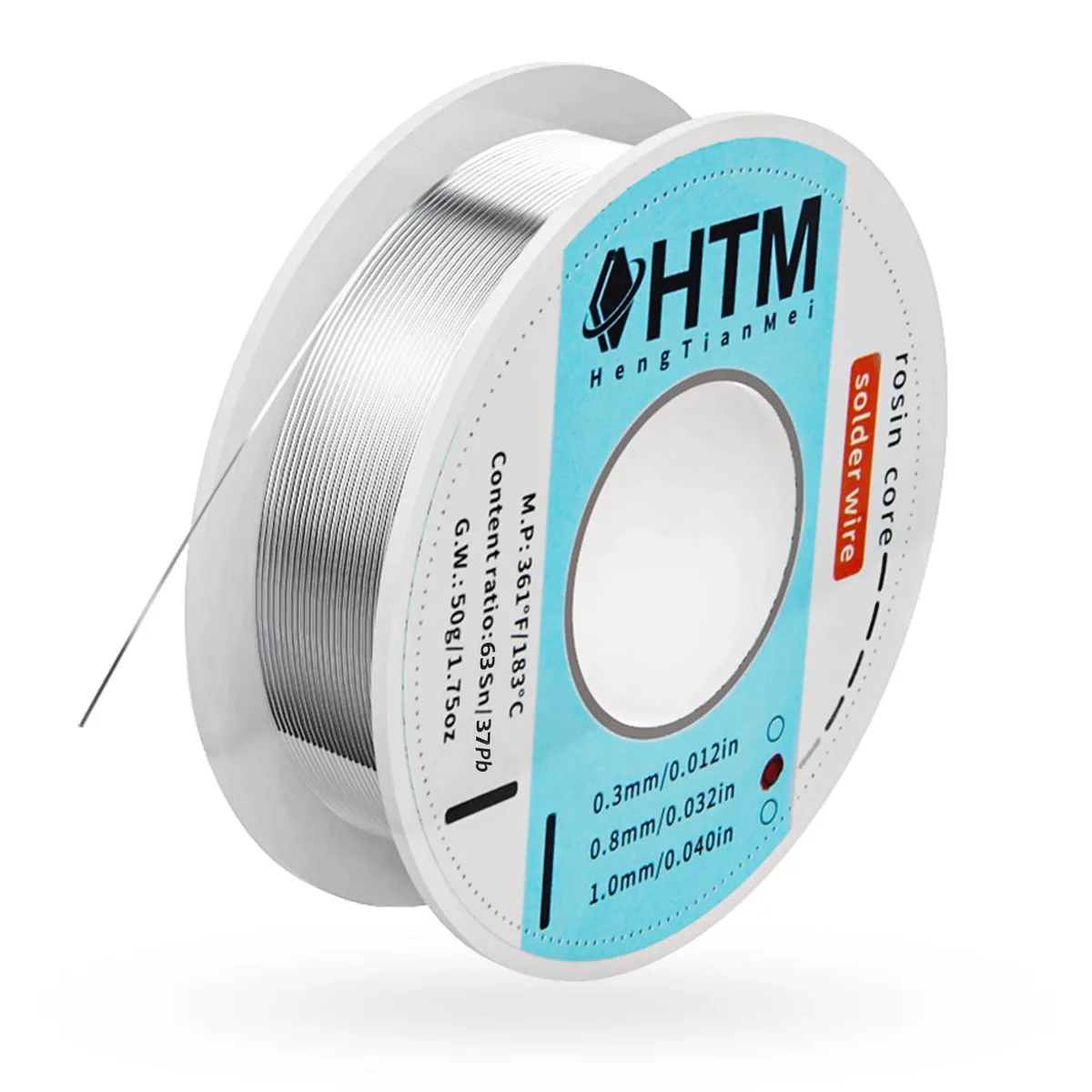  HengTianMei HTMSW63370850 Tin Lead 63/37 Rosin Core Solder Wire 0.8mm 50g — product photo