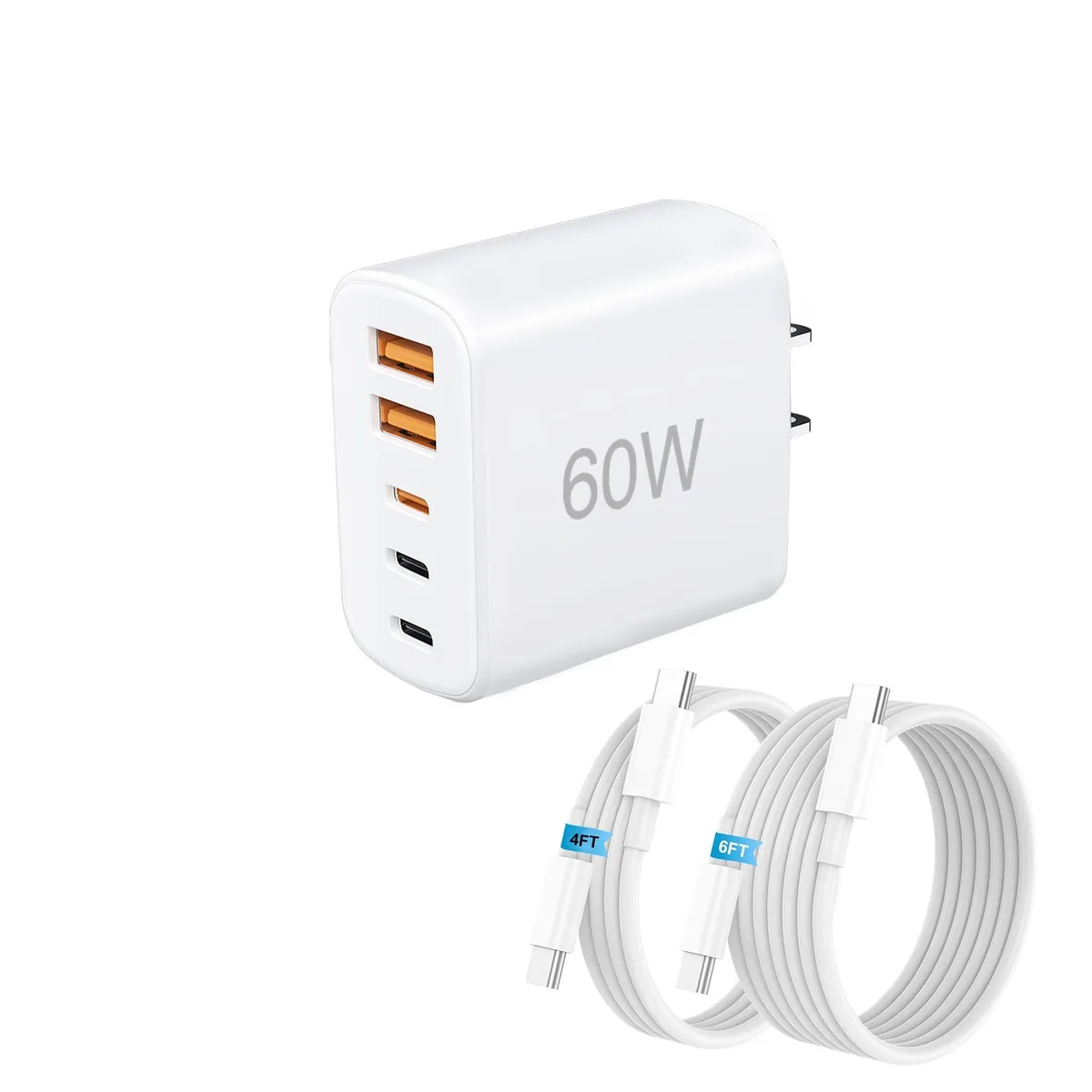 White rectangular wall charger with three USB-C and two USB-A ports plus two coiled USB-C cables