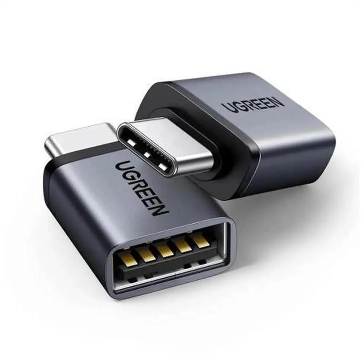 Two compact aluminium USB-C male to USB-A female adapters side by side