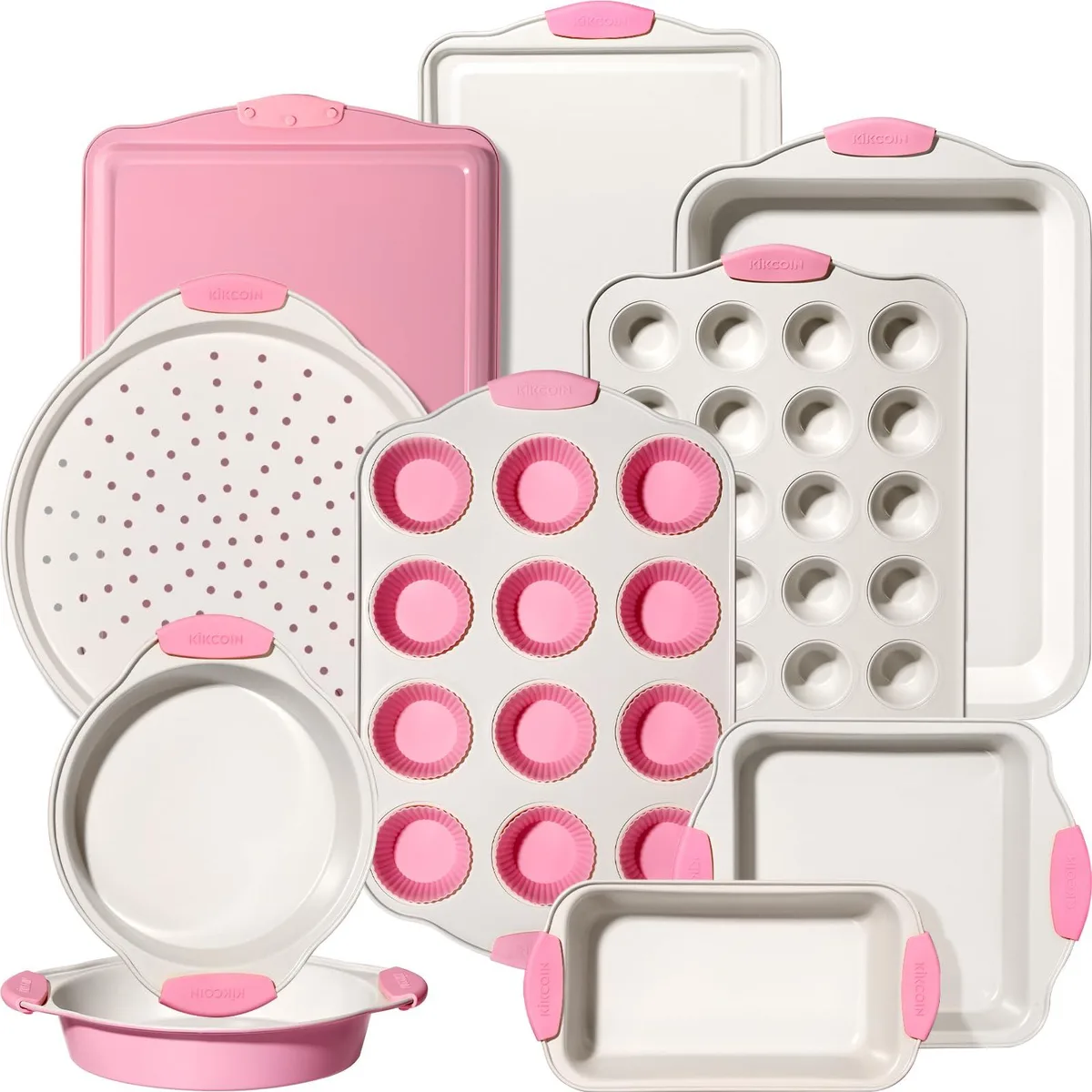 Pink 22-piece carbon-steel bakeware set with silicone handles, stacked for storage