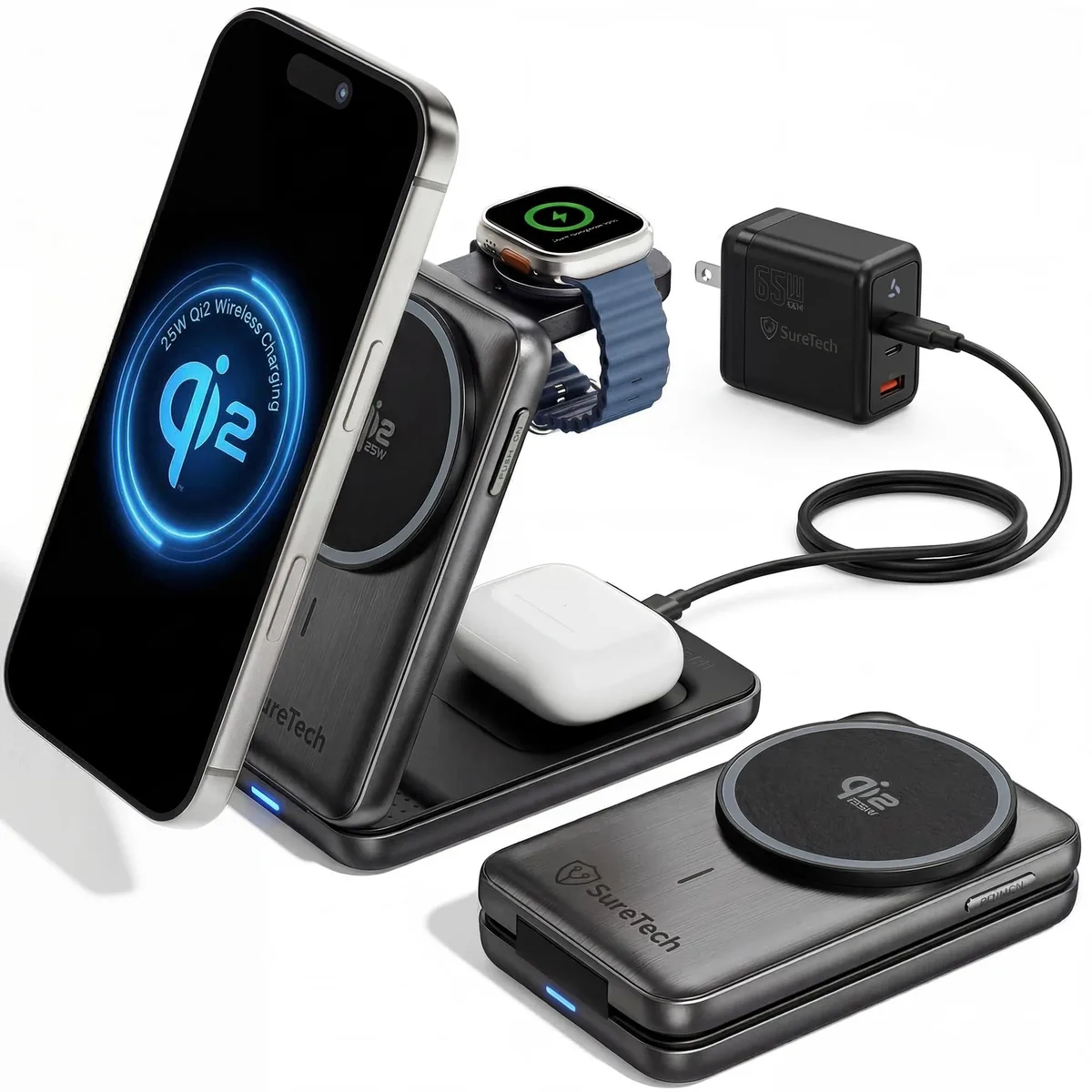 Foldable 3-in-1 wireless charger in aluminum with magnetic phone stand, watch pad and AirPods pad, plus 65W adapter