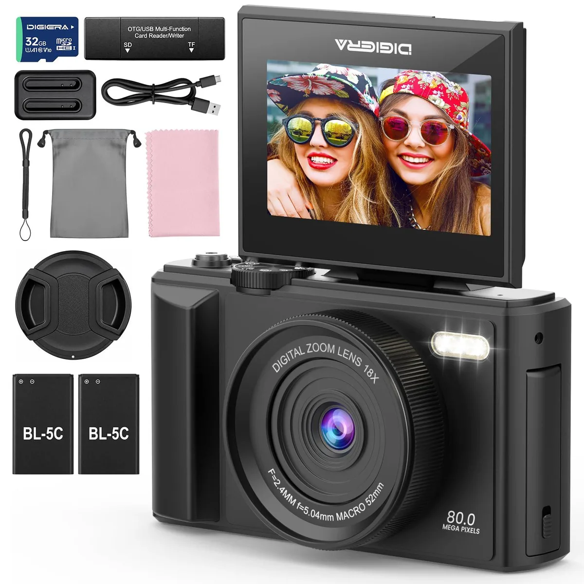Black compact camera with 3.0 inch flip screen and 18X zoom