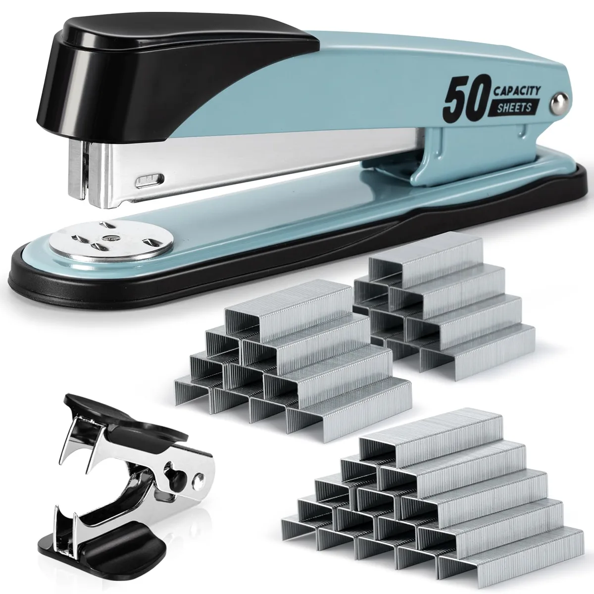Blue metal and ABS heavy-duty stapler with staple remover and staple boxes