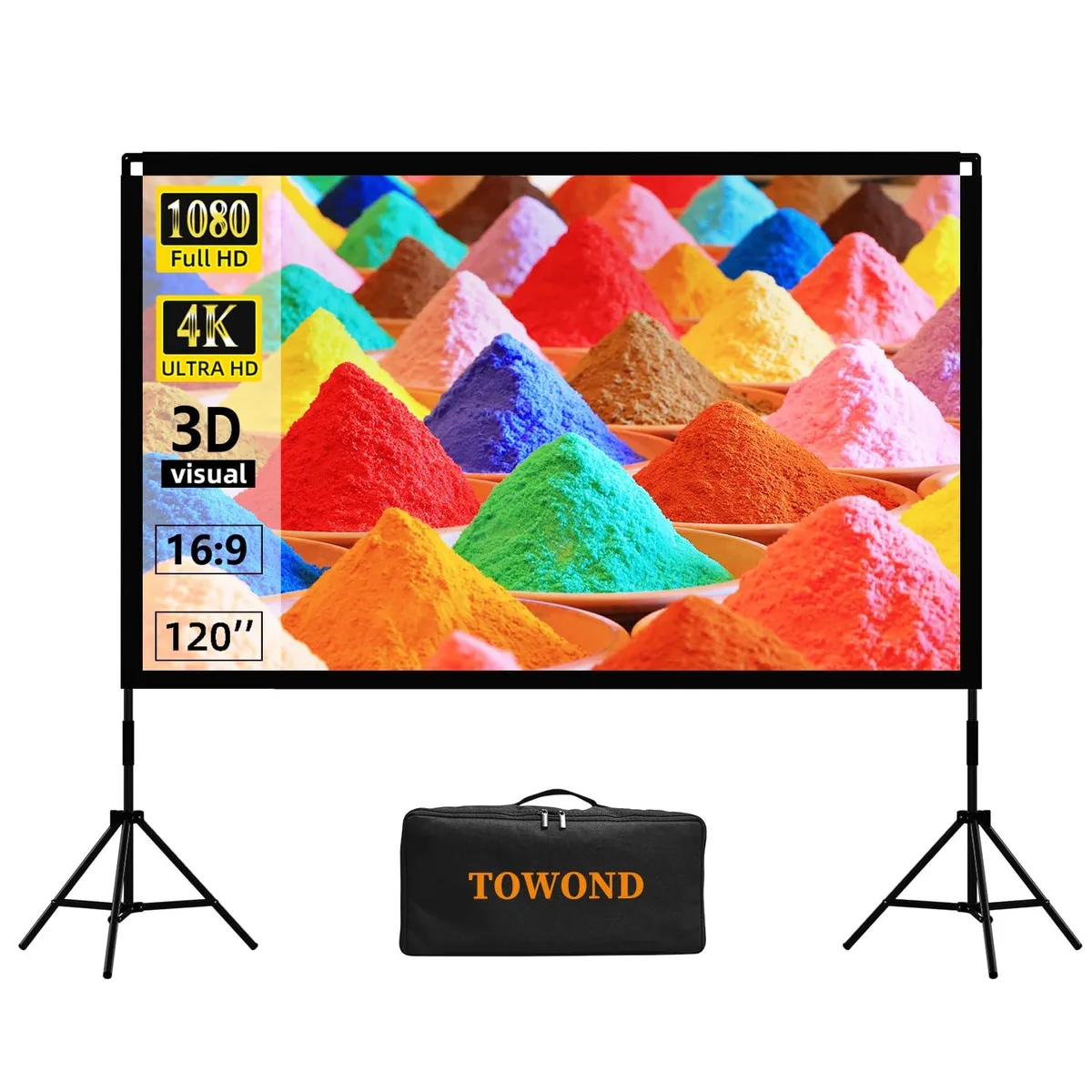 Towond 120 inch projector screen 16:9 160° stand bag — product photo