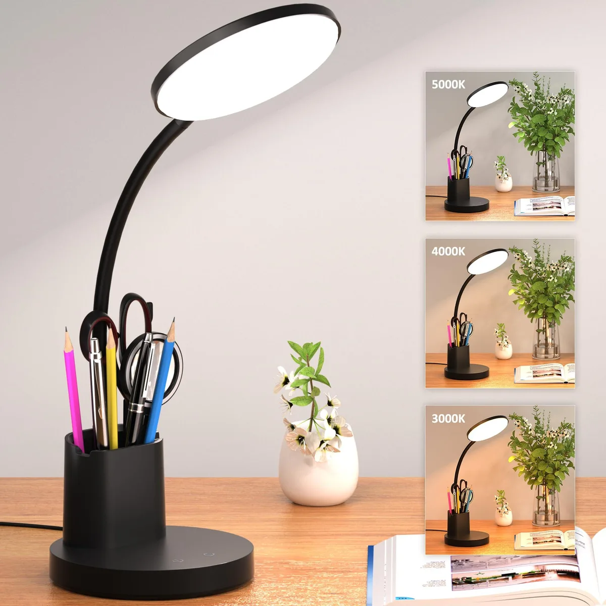 DNBeffulgent DNBeffulgent LED Desk Lamp Black 800 Lumen 3 Color Modes Pen Phone Holder 360° Arm — product photo