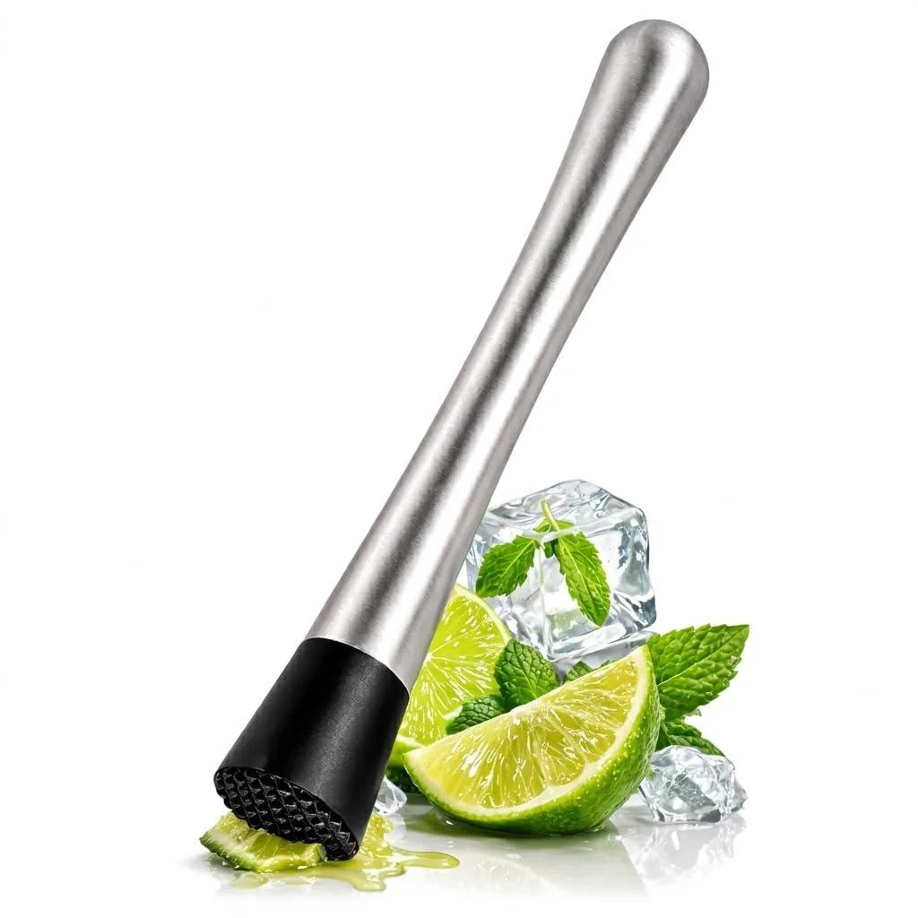 Two 8-inch cocktail muddlers with stainless steel handles and black grooved nylon heads