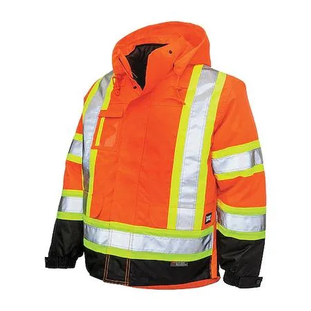 Fluorescent orange polyester parka with detachable hood and storm flap, tall fit