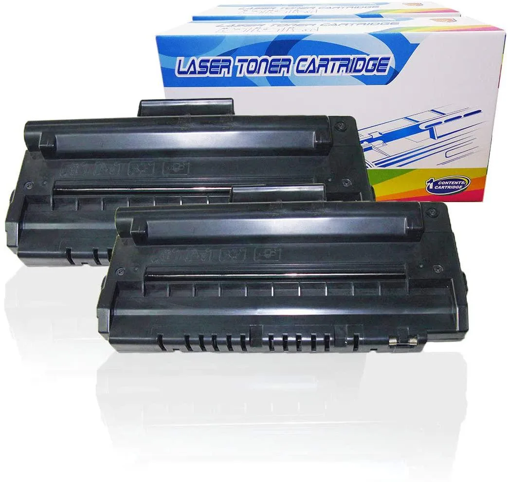 Two black toner cartridges in a sealed plastic wrapper