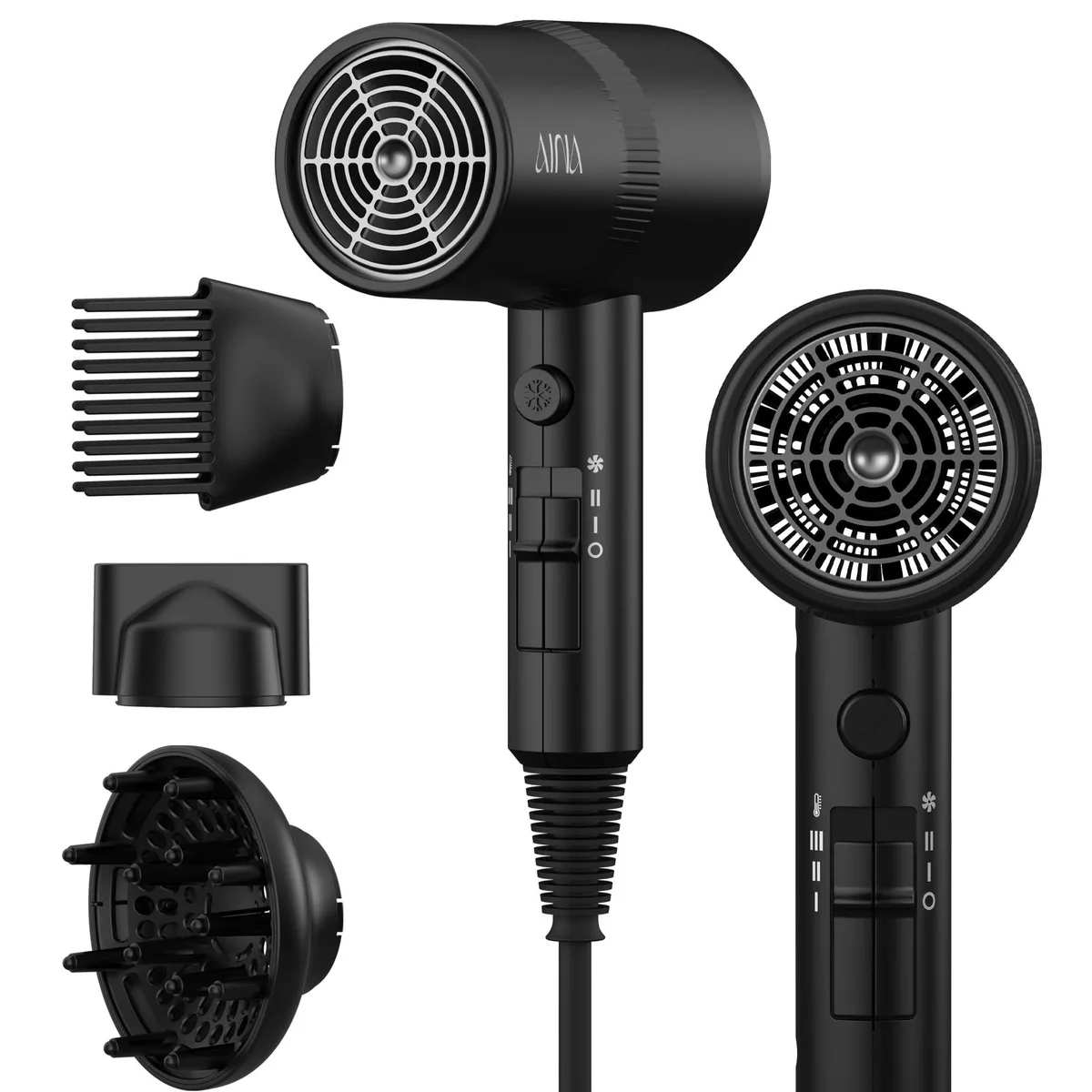 Black handheld hair dryer with concentrator diffuser and comb attachments, 110V corded electric