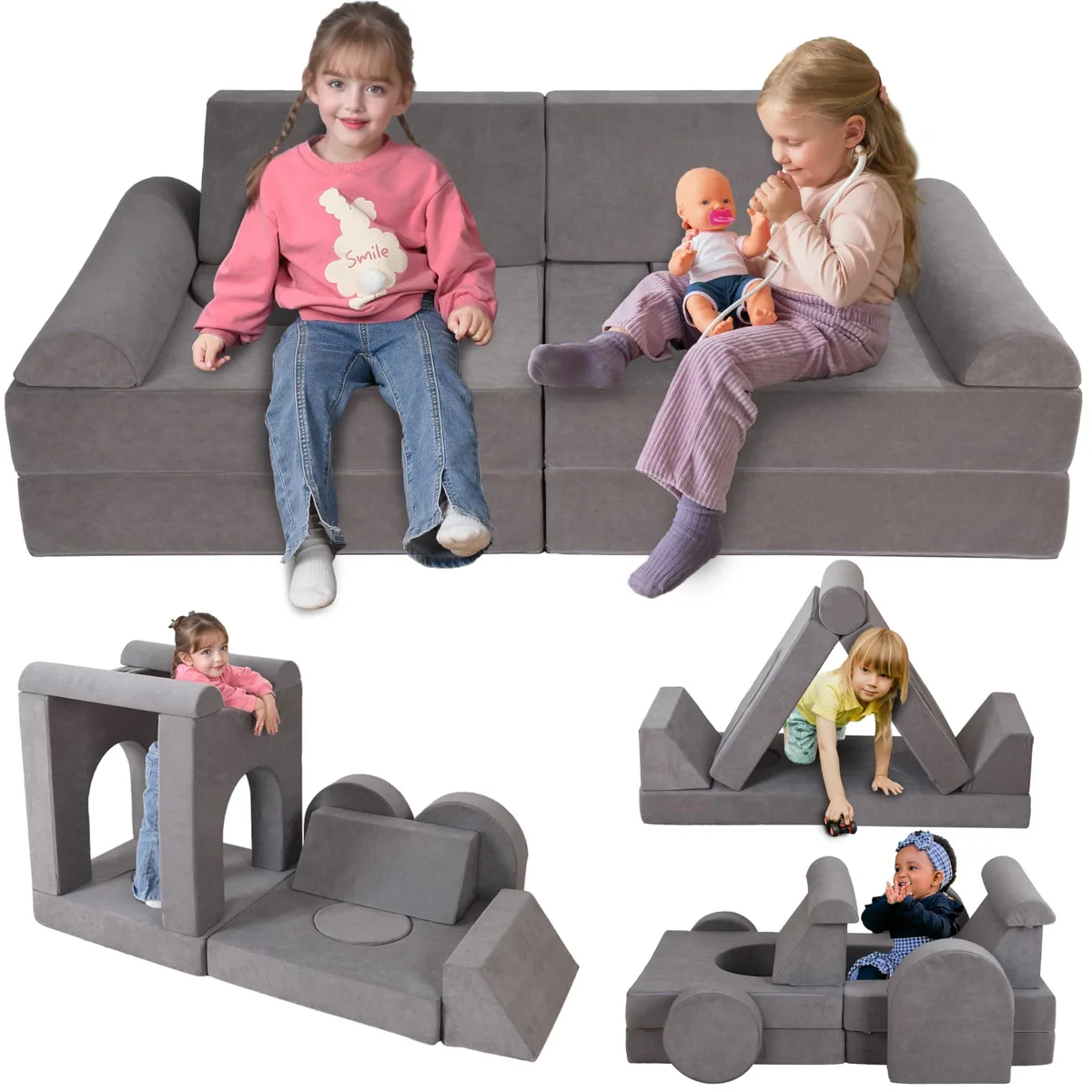 Twelve-piece modular kids play couch in grey velvet, rectangular blocks arranged in low sectional form