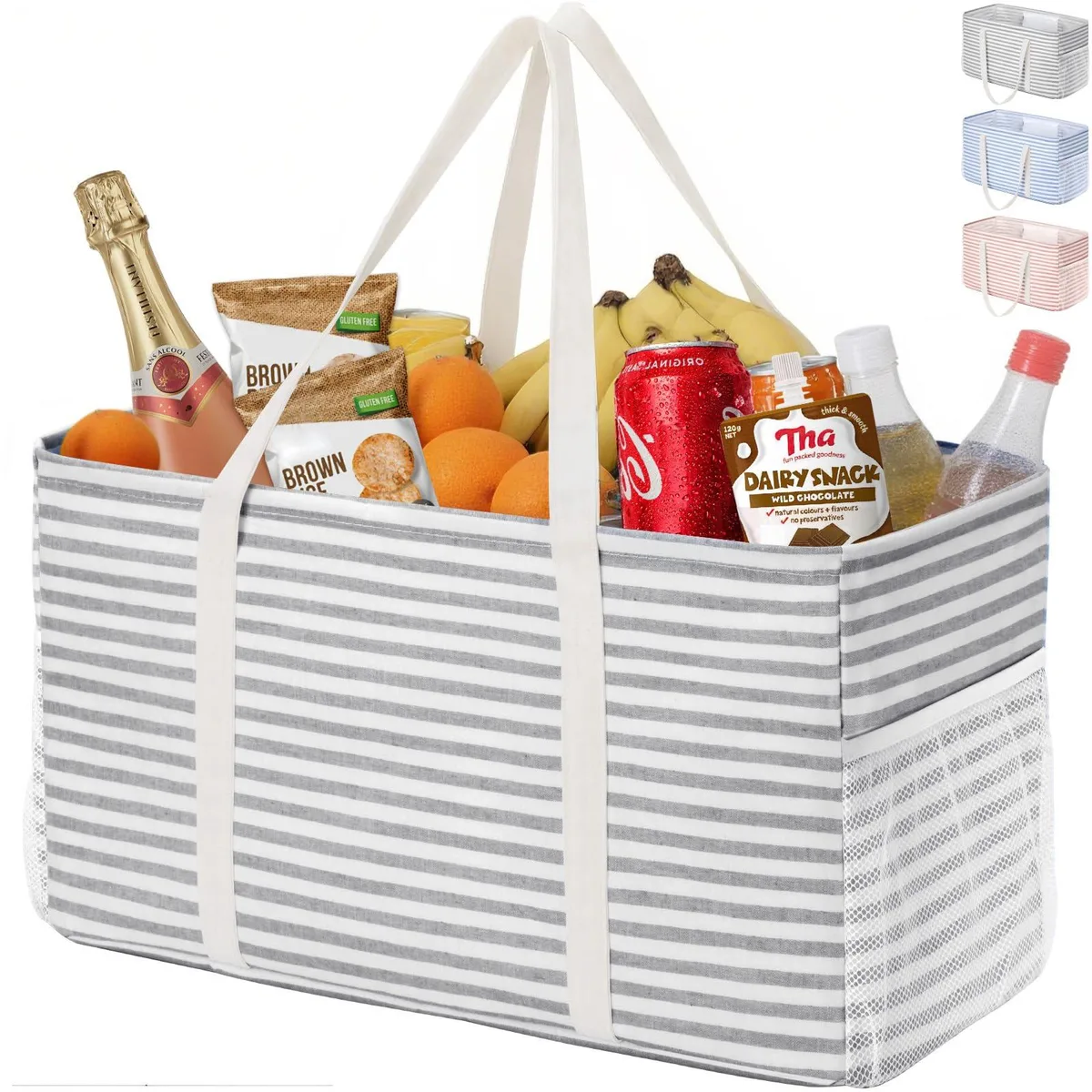 Gray striped polyester tote bag with wire frame standing upright, mesh side pockets and zip pocket visible