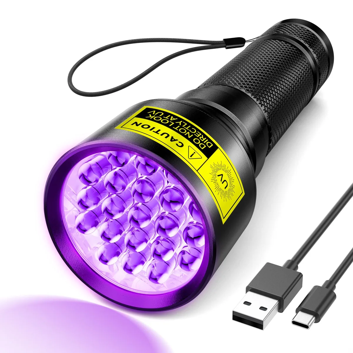 Compact aluminium UV torch, 21 LEDs, Type-C port, IP65 rated