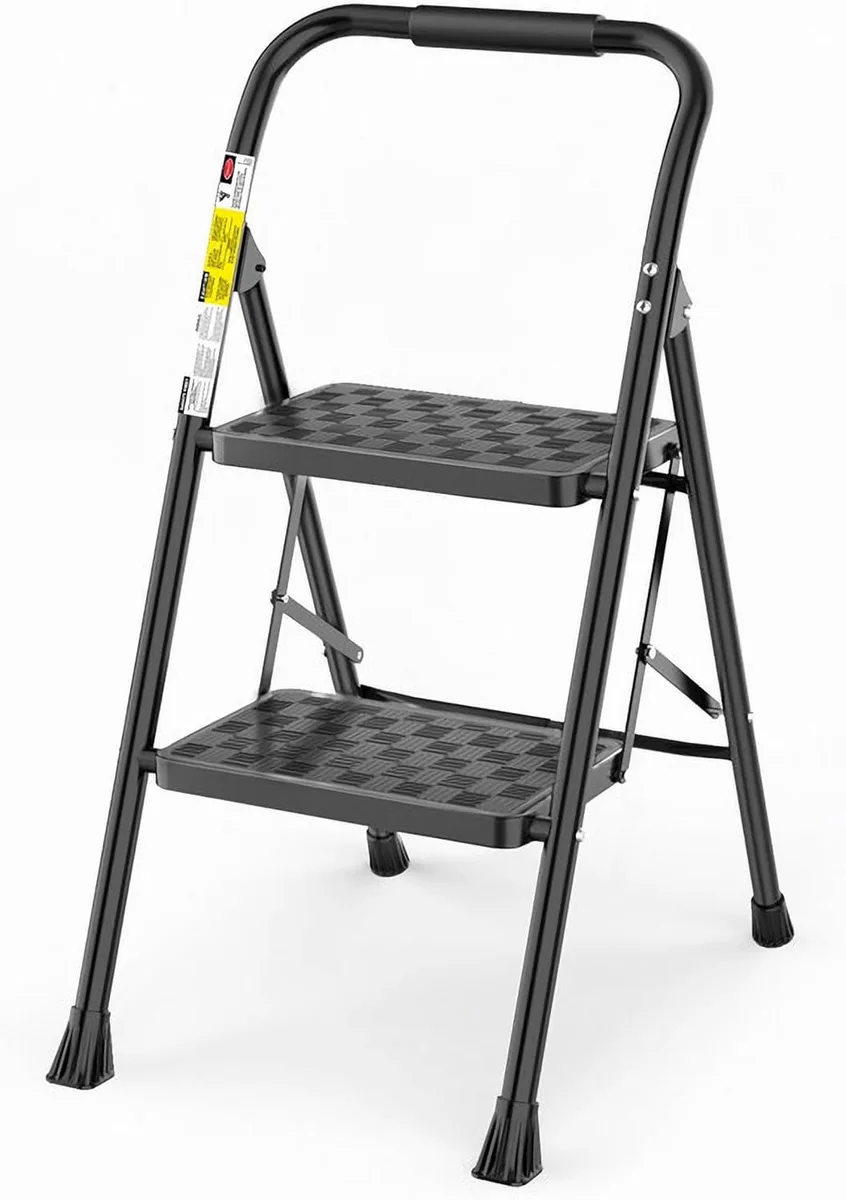 Two-step steel folding ladder with anti-slip pedals and sponge handle, shown open