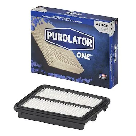 Rectangular pleated air filter with white media and black frame, model A21438