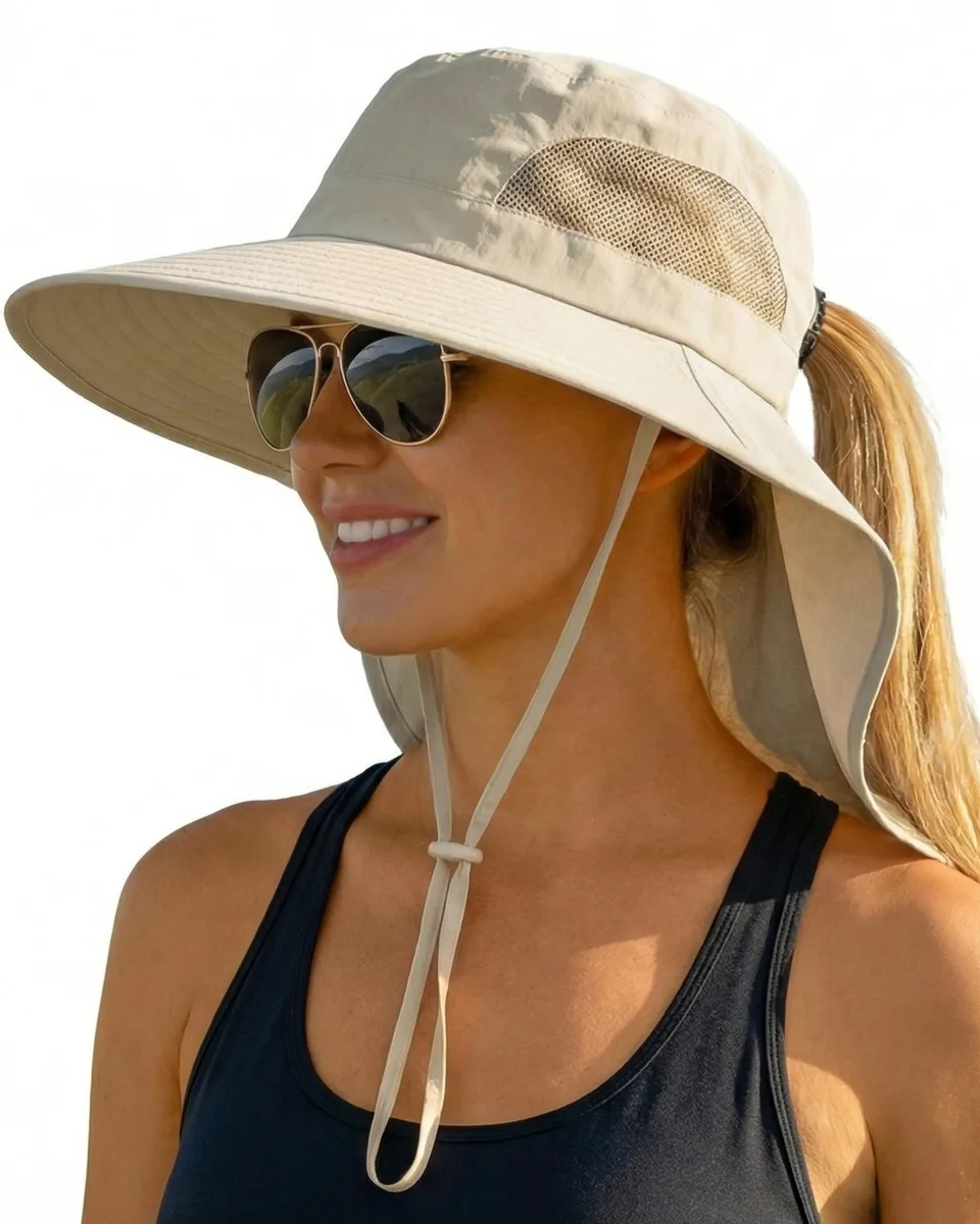  Women Sun Hat UPF 50+ Wide Brim Packable Ponytail Hole Black — product photo