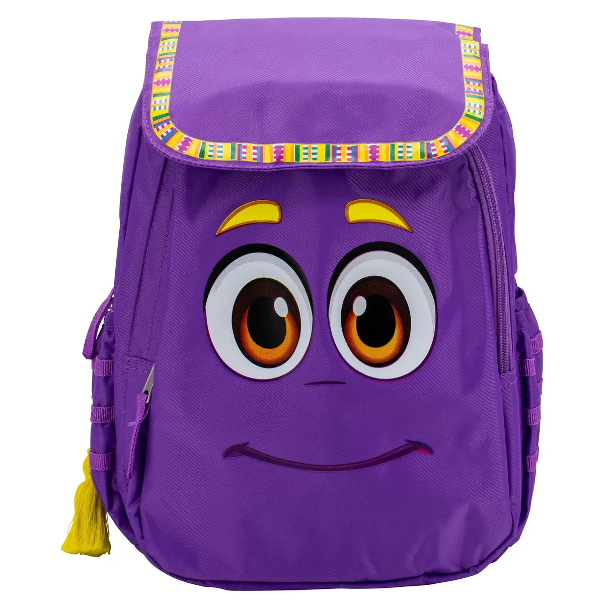 Purple Dora cosplay backpack, structured polyester, zip front pocket, adjustable straps