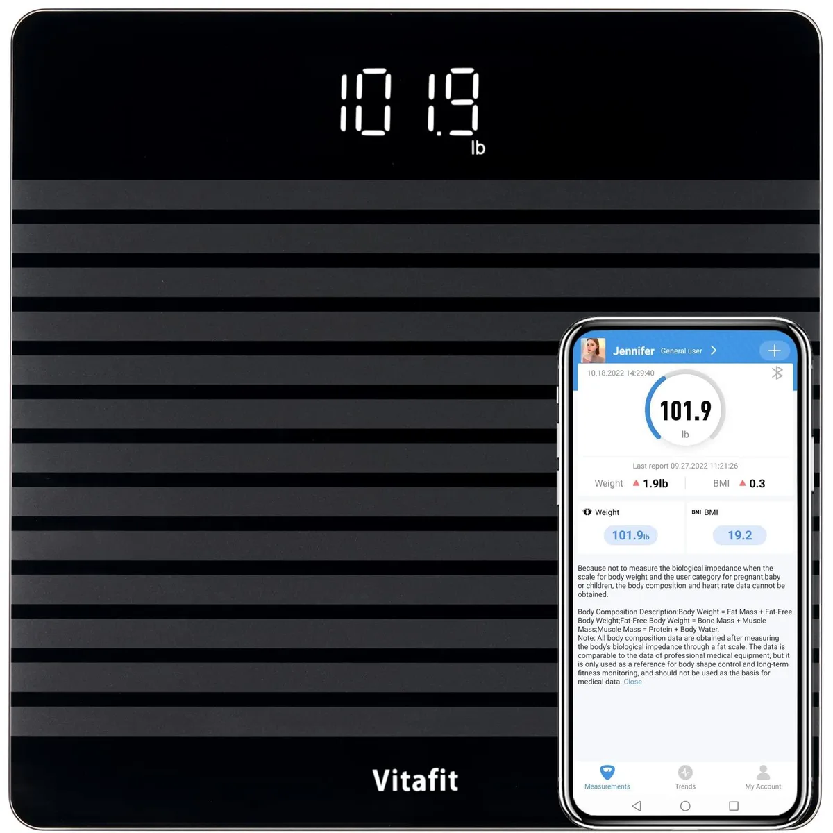 Rectangular black digital bathroom scale with anti-slip surface and white LED display