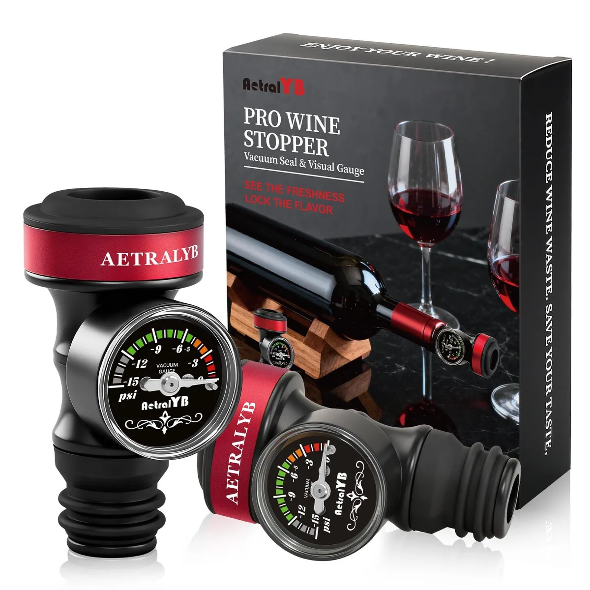 Two wine vacuum stoppers with a hand pump showing a pressure gauge