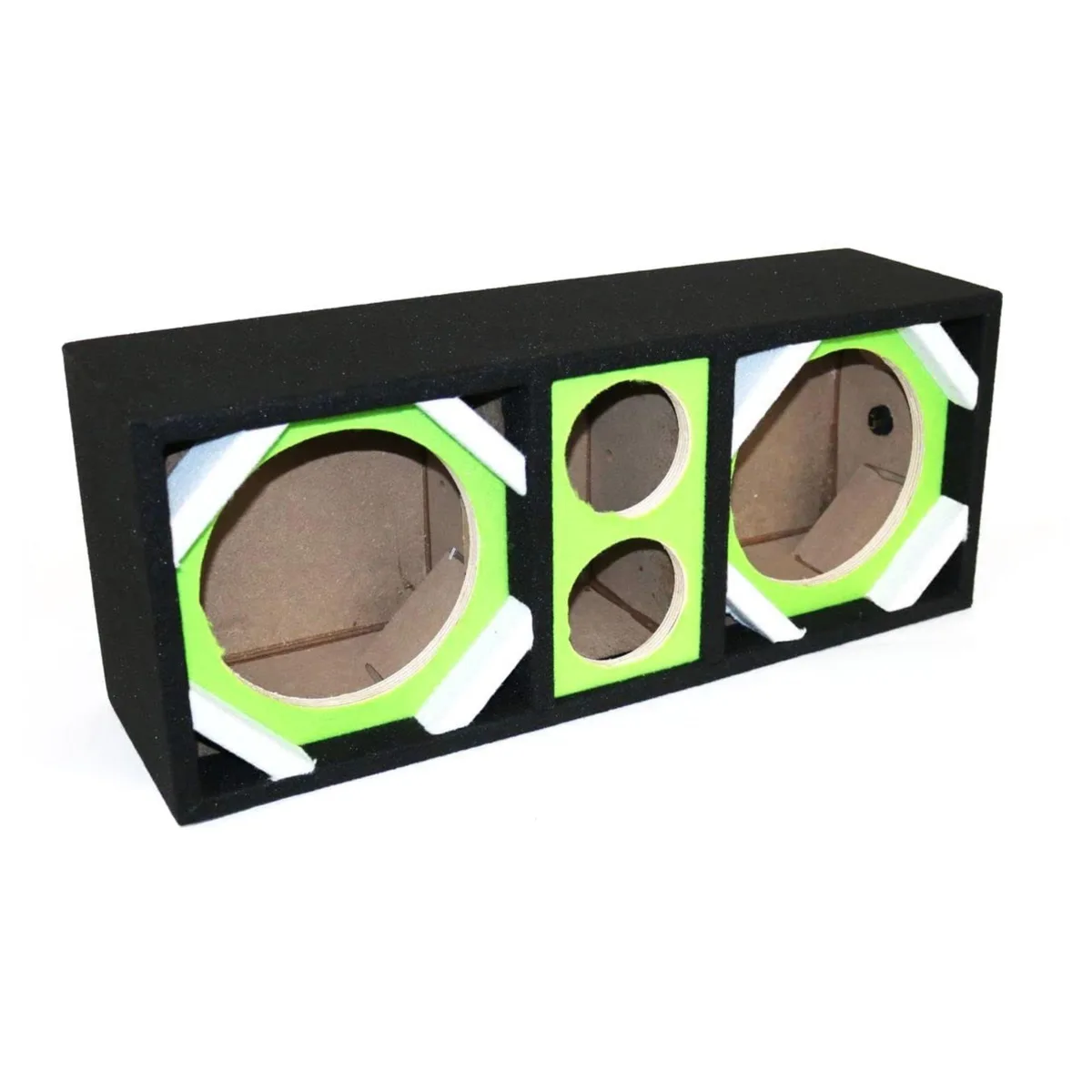 Green empty speaker enclosure with two 8-inch woofers and two tweeters