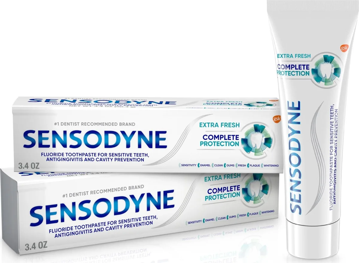 Two white 3.4 oz Sensodyne toothpaste tubes in a rectangular pack