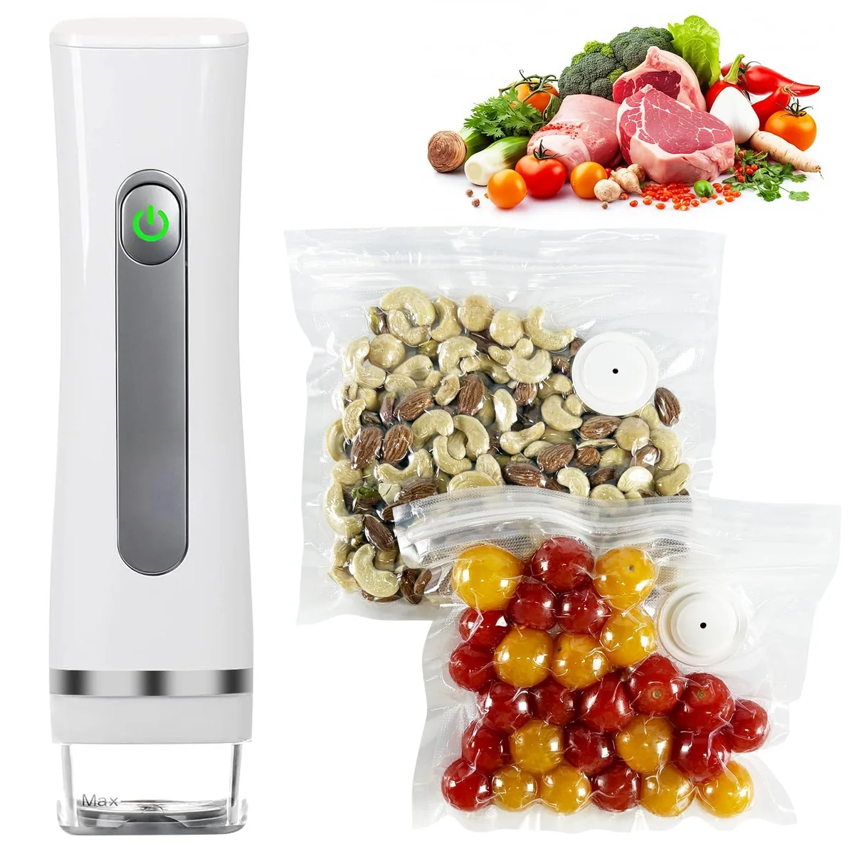 White handheld vacuum sealer with clear plastic body and detachable water tank