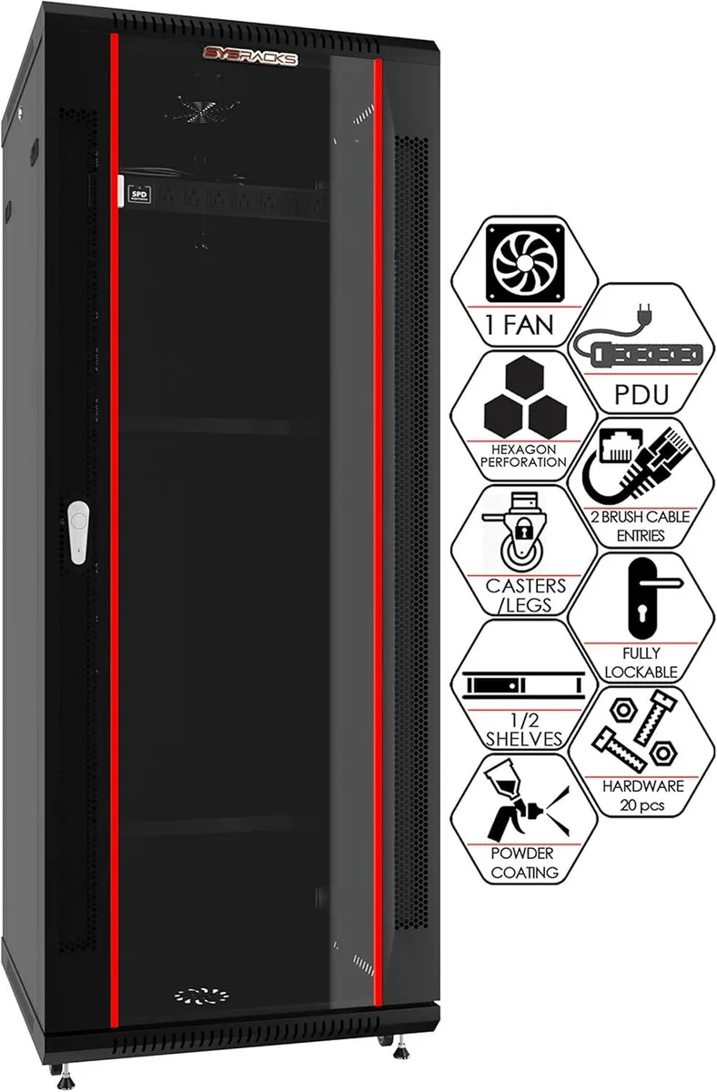 TAURKENAM TAURKENAM 22U Wall Mount Server Rack 24"D Black with Powerbar, Shelf, Fan — product photo