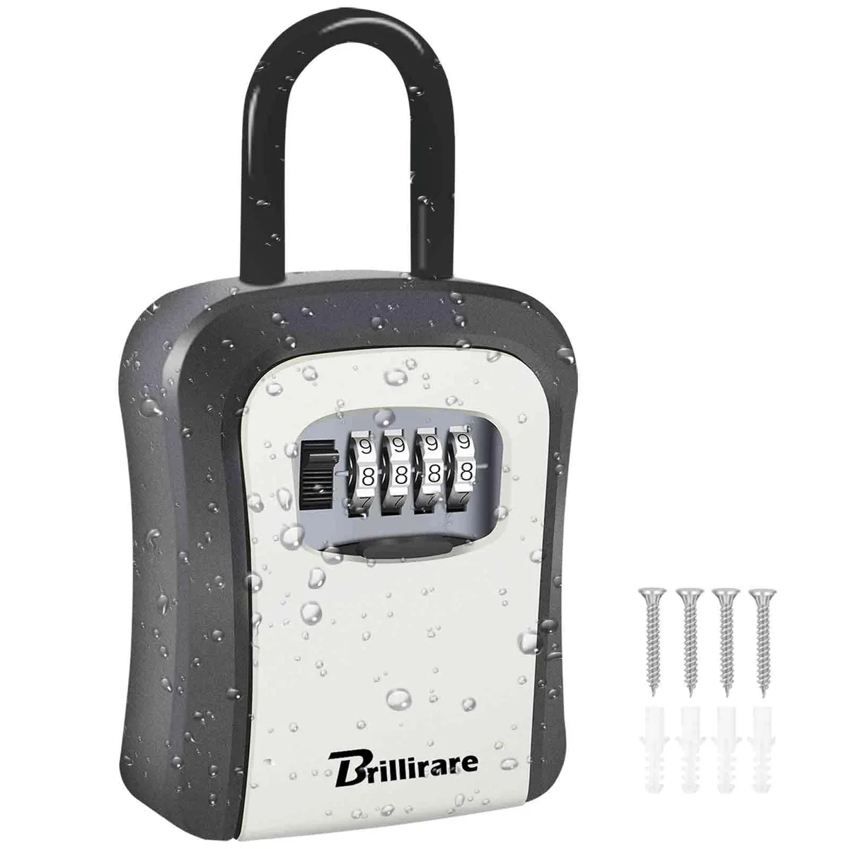 Grey rectangular metal key lock box with removable shackle and four-digit combination dials, wall-mountable with dust cover