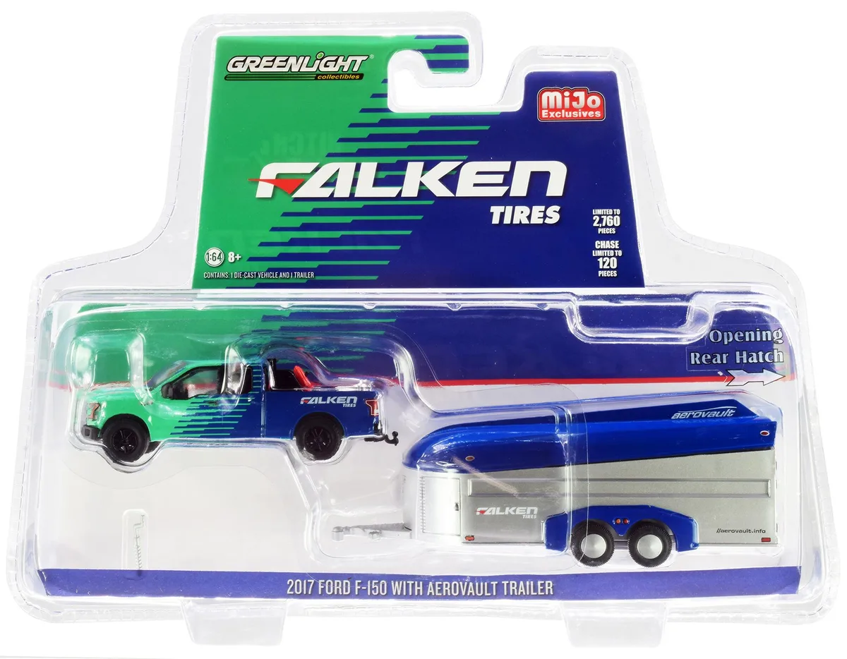 GREENLIGHT GREENLIGHT 2017 Ford F-150 &amp; Aerovault Trailer Falken Tires Ltd Ed 2760 1/64 Diecast Vehicle — product photo