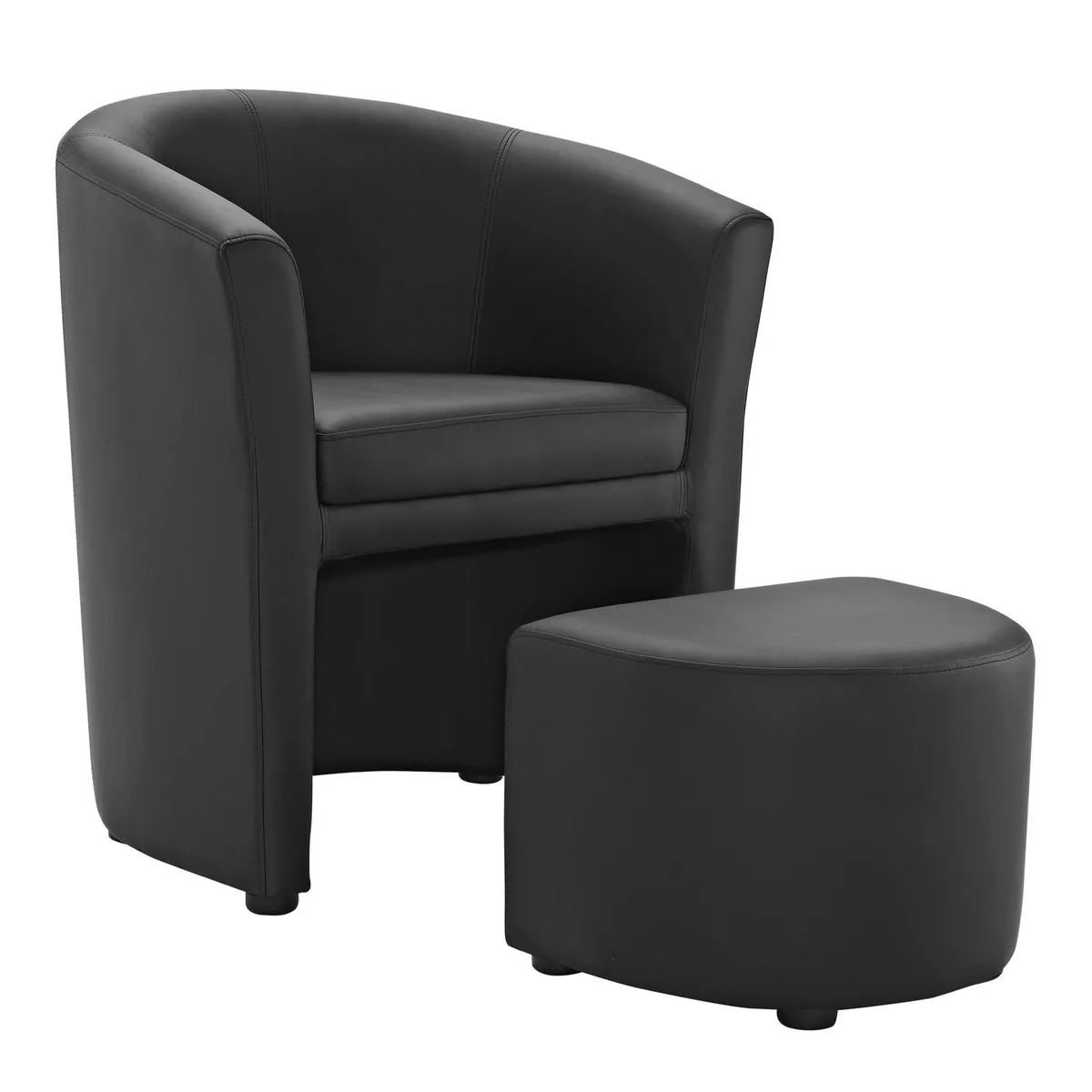 Black faux leather armchair with matching tuck-away ottoman, wooden frame and foot caps