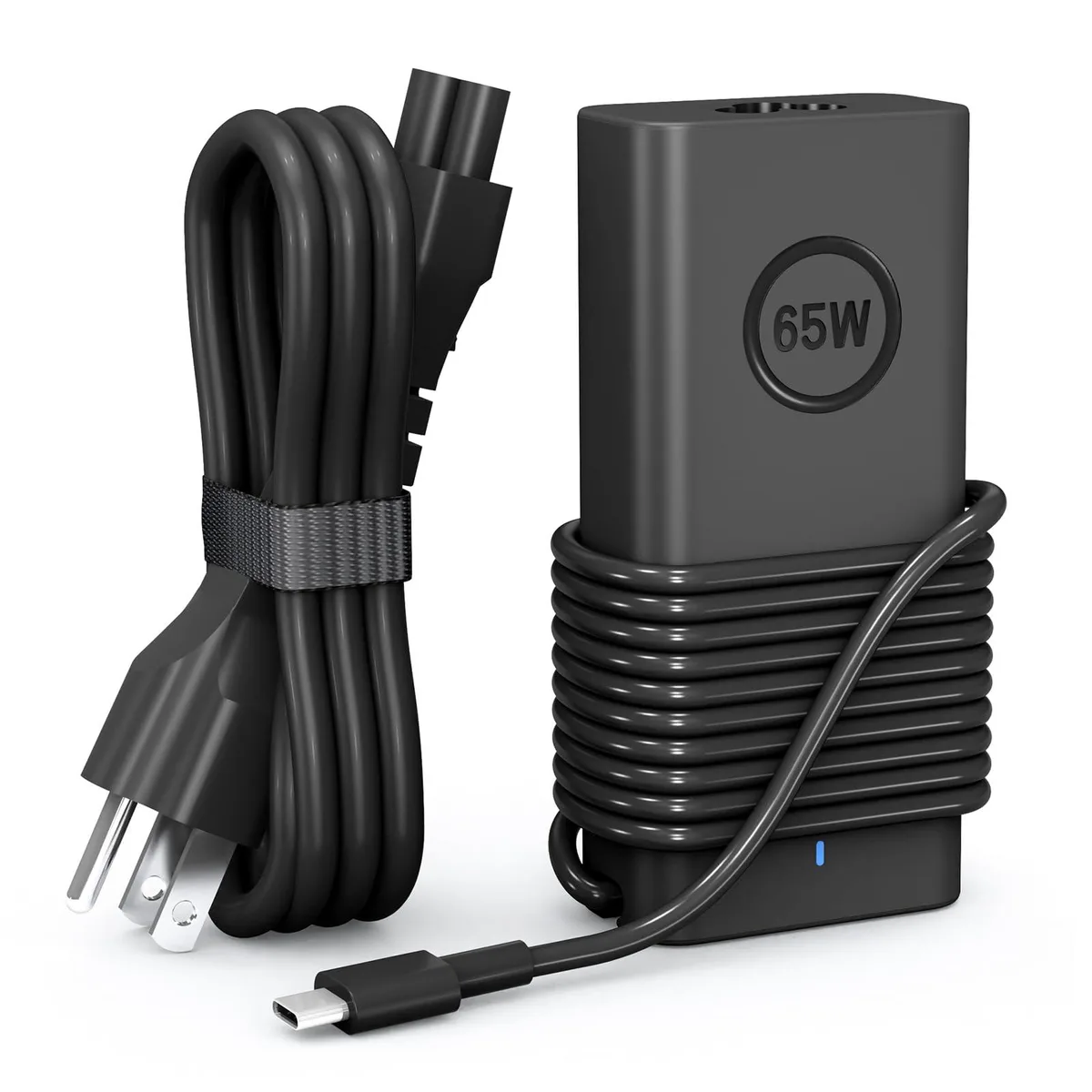 Compact black USB-C power brick with detachable mains cord