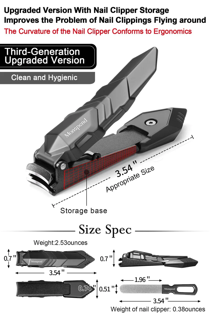 Black stainless-steel nail clipper with curved blade and integrated clipping catcher