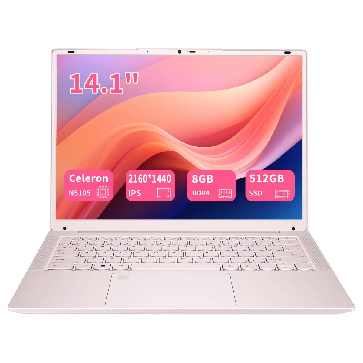 KurieTim KurieTim T140J 14.1" 2K laptop Intel Celeron N5105 8GB DDR4 512GB SSD Windows 11 Pro Pink — product photo