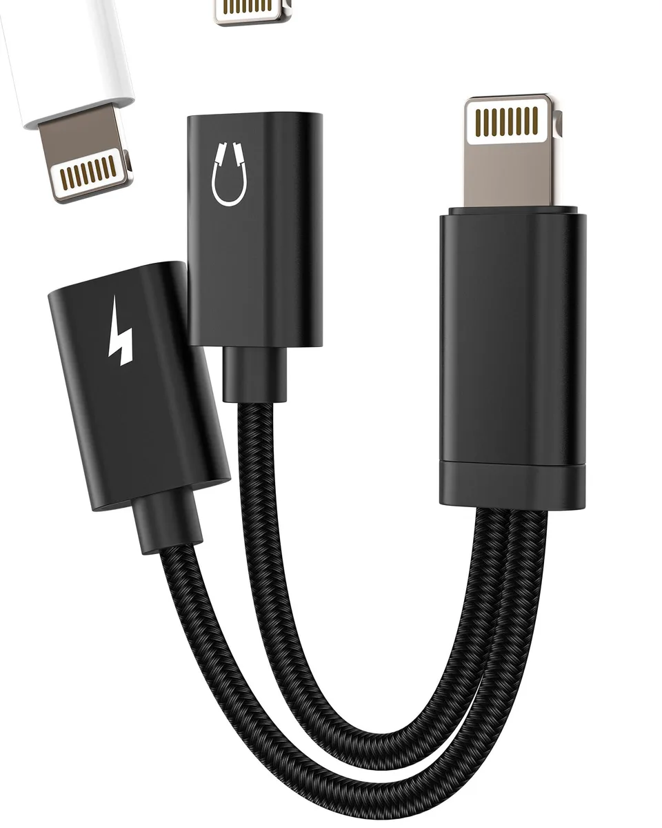 Black 2-in-1 Lightning adapter with braided cable, aluminum housing, headphone jack and charging port