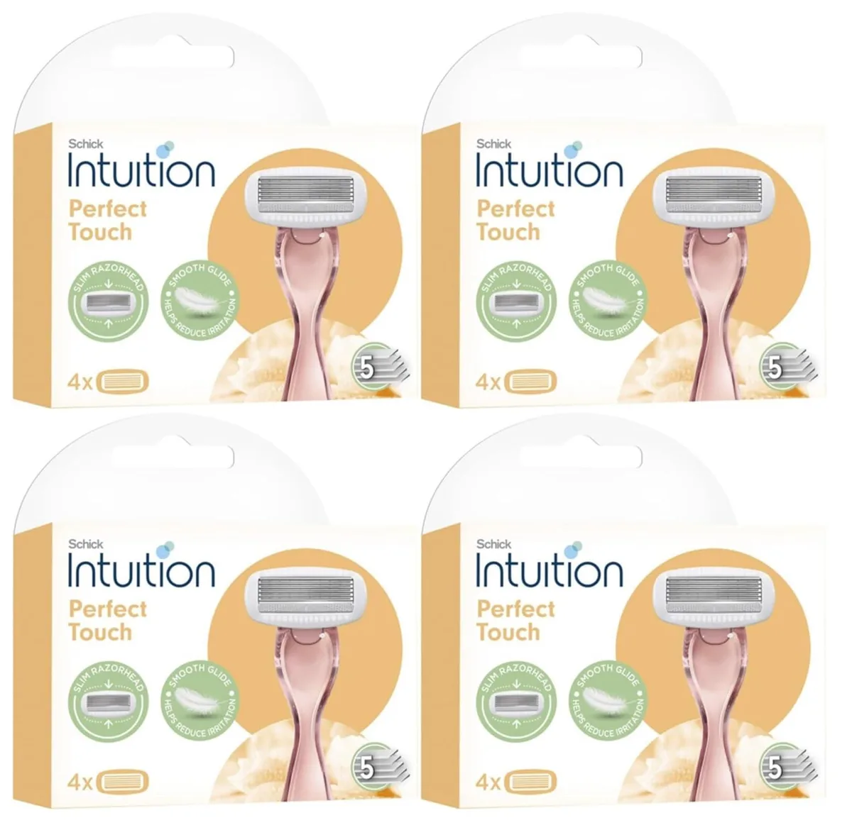 Sixteen Schick Intuition Perfect Touch razor cartridges in four sealed packs