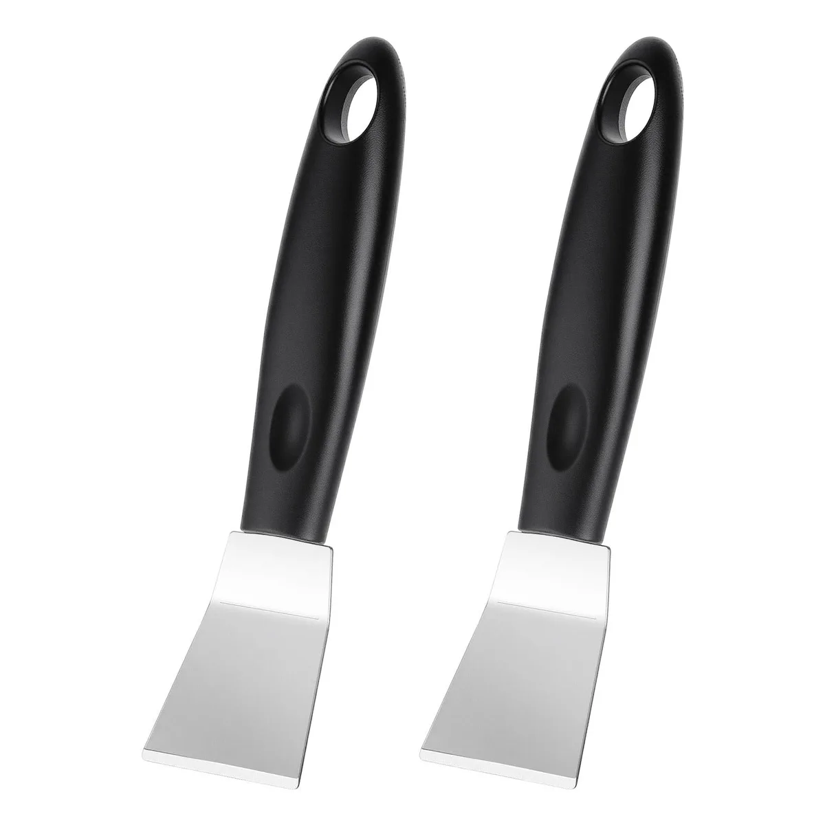 Two polished stainless steel 3D printer spatulas with ergonomic handles and hanging holes